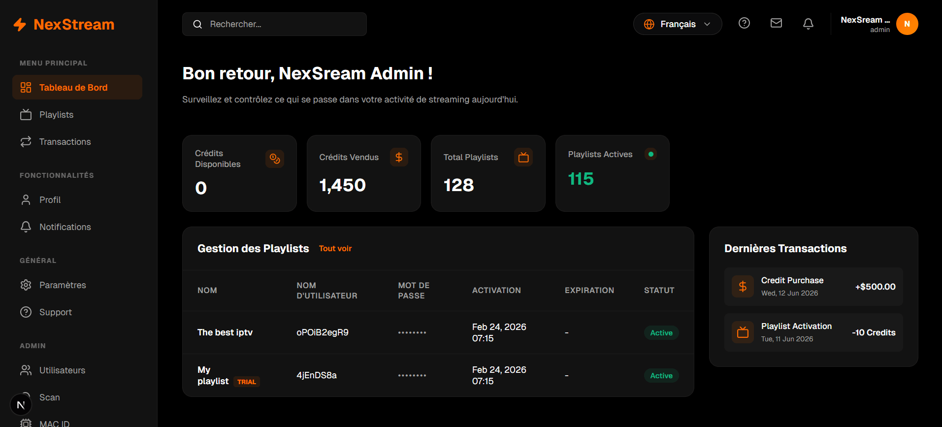 NexStream Dashboard Desktop View
